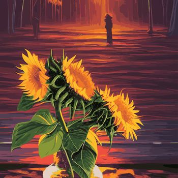 Print Vector illustration, sunflower flower, sunset rural landscape oil painting with golden sunflower field. Warm sunset