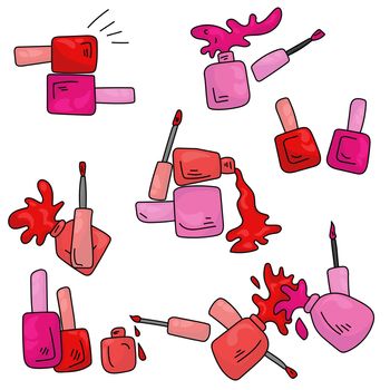 Set of bright nail polishes with brushes and splashes, red and pink bottles with varnish for manicure or pedicure