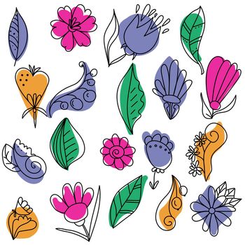 Doodle set of fantasy plants, leaves and flowers on color spots, linear curls and doodles for design