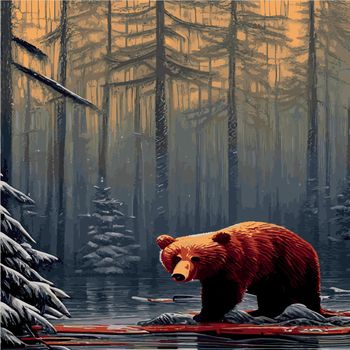 Print Brown bear winter forest. Fluffy animals sleeping in winter, wildlife mammal, zoo. Fauna and environment, biology