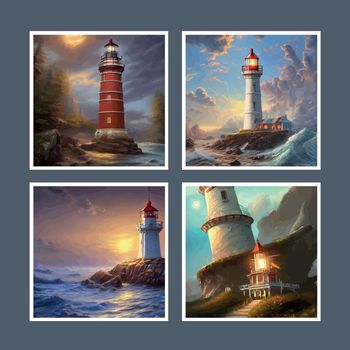 Vector illustration of scandinavian or northern seaside landscape with lighthouse on rock under blue sky and turquoise