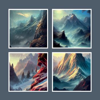 Vector illustration mountains, ridge morning haze set four square posters background Realistic illustration mountain