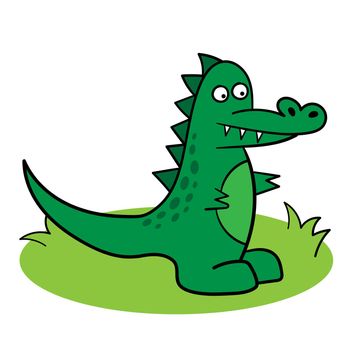 Cartoon green crocodile on green grass. Drawing on a white background