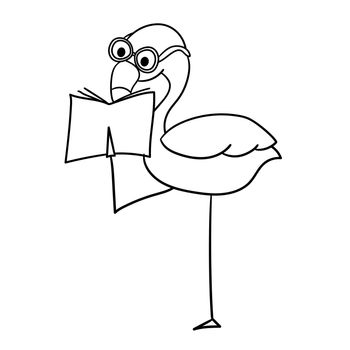 Pink flamingo, zoo character wearing glasses and reading a book. Cartoon vector