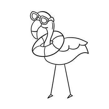 Simple flamingo, outline vector. Cartoon flamingo in sunglasses and a lifebuoy