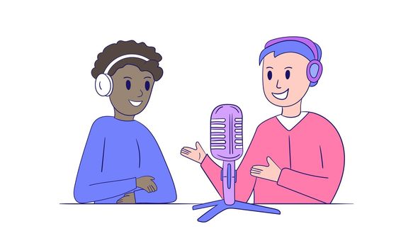 Two men talking on live streaming. Concept of podcast in studio.