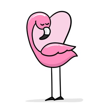 Cute flamingo with heart shape, vector illustration on white. Cartoon flamingo.