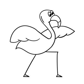 Cute cartoon flamingo in yoga pose. Character bird vector illustration. Outline