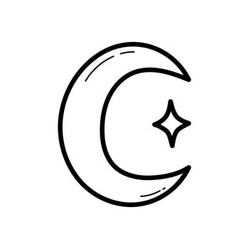 Moon with star. Mystical element, ethnic hand-drawn doodle icon on white