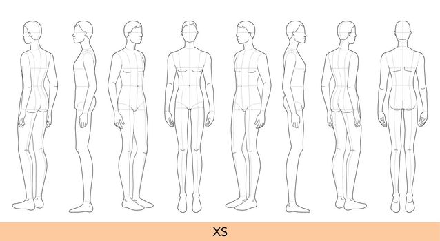 Set of XS size Men Fashion template 9 nine head size Croquis with main lines Gentlemen model skinny body figure front