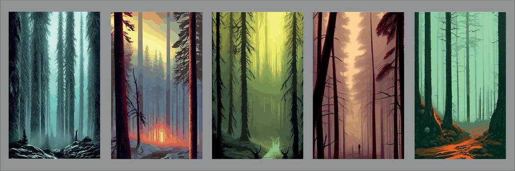Set vertical backgrounds dark twilight forest with fogs twilight vector illustration. silhouettes trees with bare