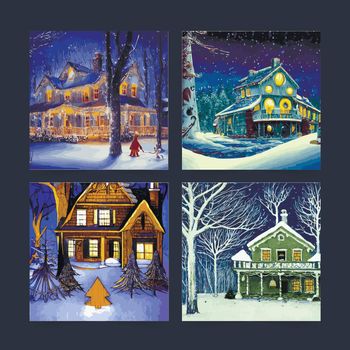 Set of vector illustrations of christmas night scene with snowy wooden house and decorated fir tree, cute house