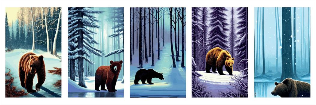 Angry, hungry bear, do not sleep in winter and walk. Vector flat cartoon illustration set poster. wildlife Mammal