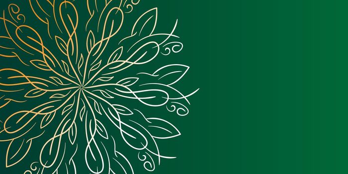 Simple banner design with golden mandala on green background.