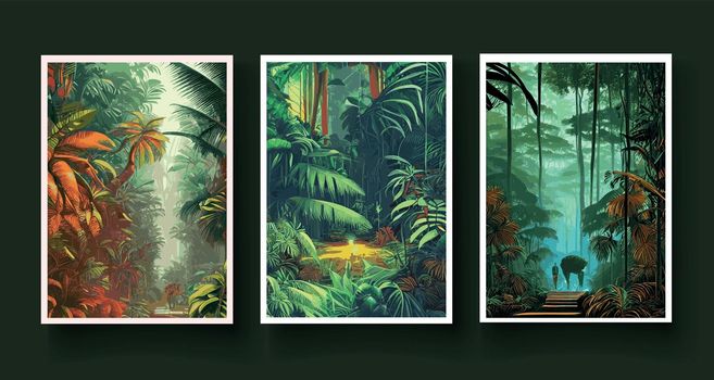 set vertical posters. Colorful tropical rainforest. palm leaves other plants. Aloha textile collection. Tropical forest with dense vegetation trees, shrubs vines. Landscape with green flowers