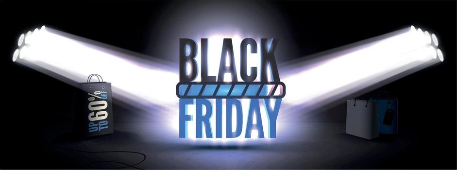 Black friday 75 percent sale wide vector banner template with bright spotlight rays