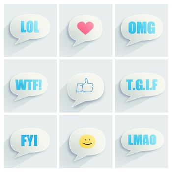 Acronyms for modern communication. Illustration of speech bubbles with internet acronyms inside it.