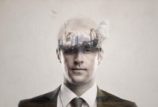 The rise and fall of the human empire. Composite image of a handsome well-dressed man superimposed with images of urban development.