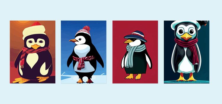 Set of line drawings with little penguins in winter clothes. Hand drawn vector illustration. Set of line drawings