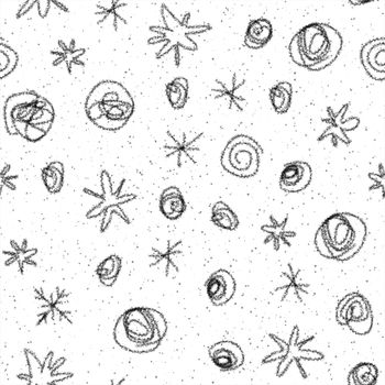 Hand Drawn Snowflakes Christmas Seamless Pattern. Subtle Flying Snow Flakes on chalk snowflakes Background. Amusing chalk handdrawn snow overlay. Energetic holiday season decoration.