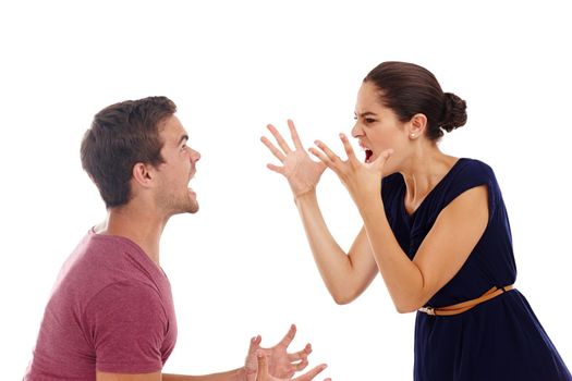 Well make it through this one. a gorgeous young couple arguing while standing in a studio-isolated on white.