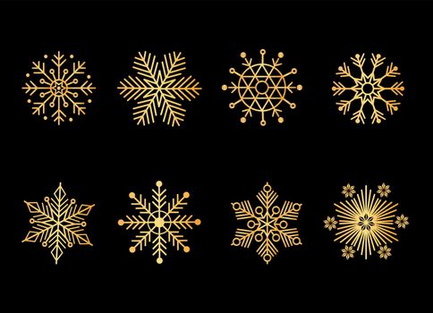 Golden snowflakes on a black background. Vector illustration.
