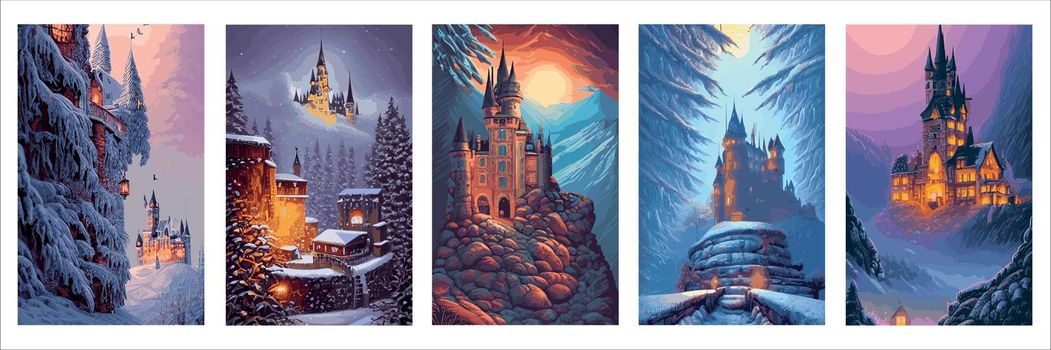Castle background winter snowy forest. Snow, snowflakes. Winter landscape. Vector illustration kids with fairytale