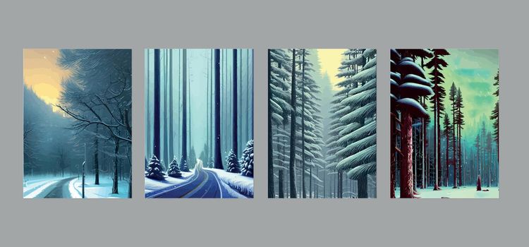 Vector blue landscape with silhouettes trees foggy forest. Snow falls winter forest. winter background with rows firs