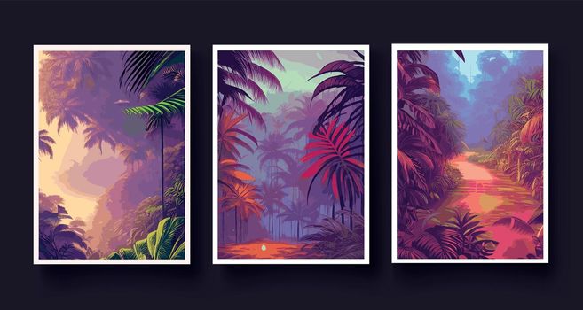 set vertical posters. Colorful tropical rainforest. palm leaves other plants. Aloha textile collection. Tropical forest with dense vegetation trees, shrubs vines. Landscape with green flowers