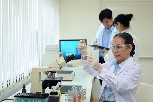 Senior woman researcher with test tube conducting experiment in a laboratory