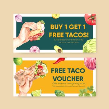 Voucher template with taco day concept,watercolor style
