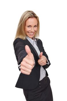 Go ahead. Studio portrait of an attractive and well-dressed businesswoman showing thumbs up.