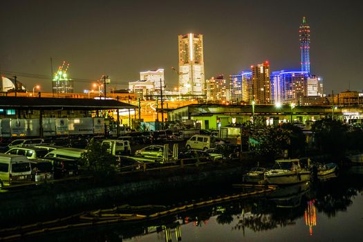 Night view of Yokohama Harbor vessel and Yokohama Minato Mirai