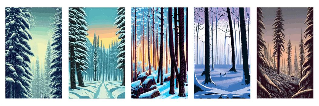 Печать Vector blue landscape with silhouettes trees foggy forest. Snow falls winter forest. winter background with rows firs