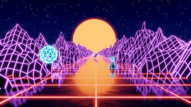 3D stylized vintage cyberpunk with mountains, sun in the style of the 80's, 90's. Landscape with neon light and low polygonal grid. Cyberpunk 3d illustration