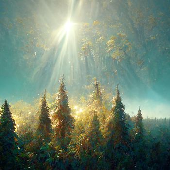 Beautiful sunny morning in magic forest. Forest in the morning in a fog in the sun, trees in a haze of light, glowing fog among the trees