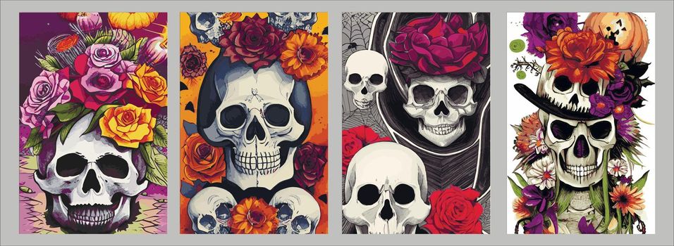 Day of the dead skulls and flowers, vintage vector illustration set of four square posters. Vintage floral skull
