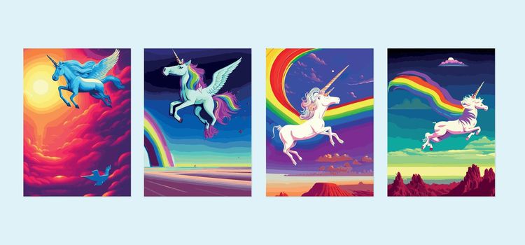 Magical cute unicorn flying in the clouds cartoon style web landing page, flyer, sticker, card Fairy tale vector