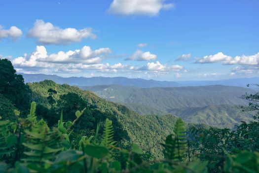Complex mountain ranges and clear sky on a sunny day from viewpoint 1715, Doi Phu Kha,Pua district,Nan, Thailand
