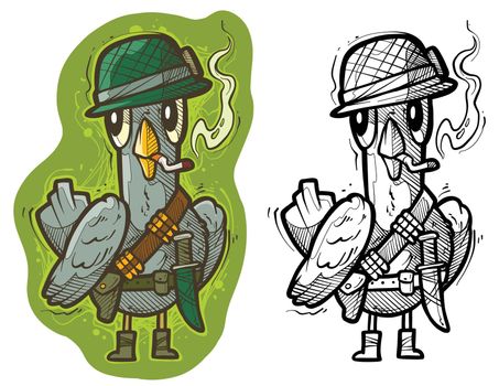 Cartoon funny cute army soldier pigeon in helmet