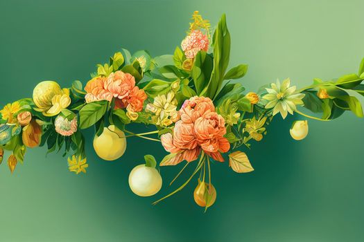 floral arrangement folk ornaments on green background
