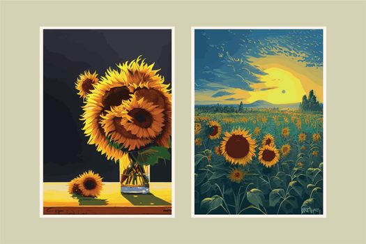 set of two vertical posts. Sunflower flower, sunset rural landscape painting with golden sunflower field. The warm