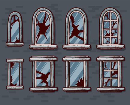 Cartoon windows with broken glass