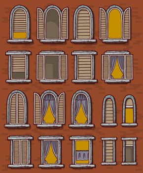 Cartoon windows with open shutters and curtains