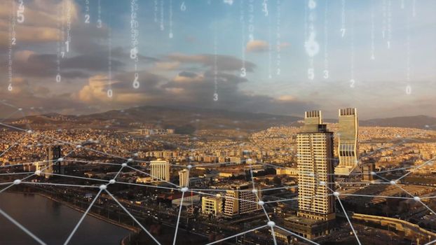 Aerial view of izmir Skyline with connections. Technology-Futuristic. High tech view of the financial district connected through a network. Internet of Things. Artificial intelligence.