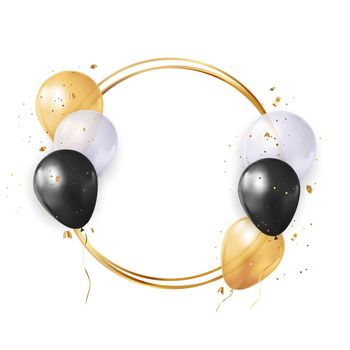 Party birthday glossy golden frame with balloons. EPS10