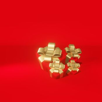 Realistic 3D Gift Red Box and Gold Bow on Red Background.