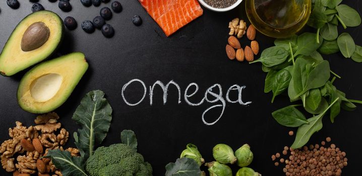 Healthy food background with good fat sources, ingredients rich in Omega fatty acids