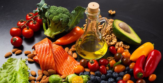 Healthy diet and nutrition food rich in vitamins and omega-3 concept