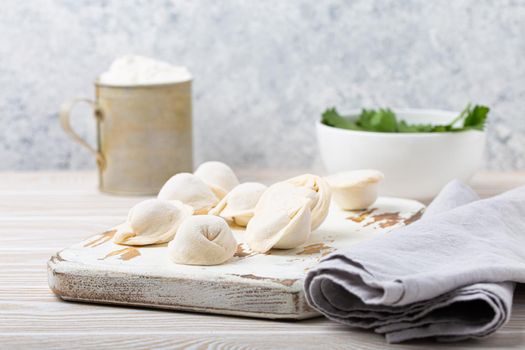 Raw uncooked pelmeni, traditional dish of Russian cuisine, dumplings with minced meat